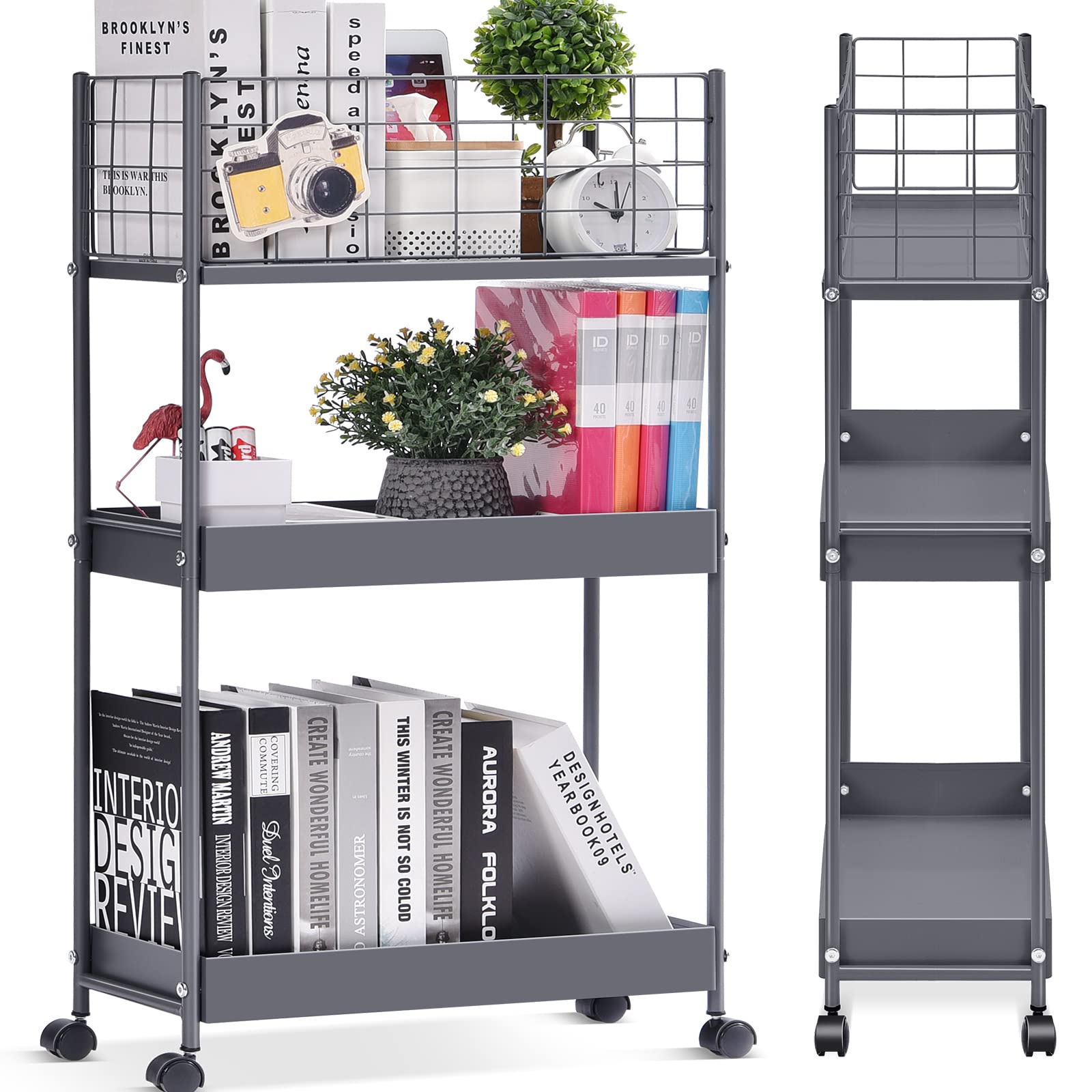 KINGRACK Slim Storage Rolling Cart, 3-Tier Metal Utility Cart with Wheels, Rolling Storage Cart, Skinny Storage Rolling Cart, Storage Trolley Cart for Office Kitchen Bathroom Narrow Place, Grey