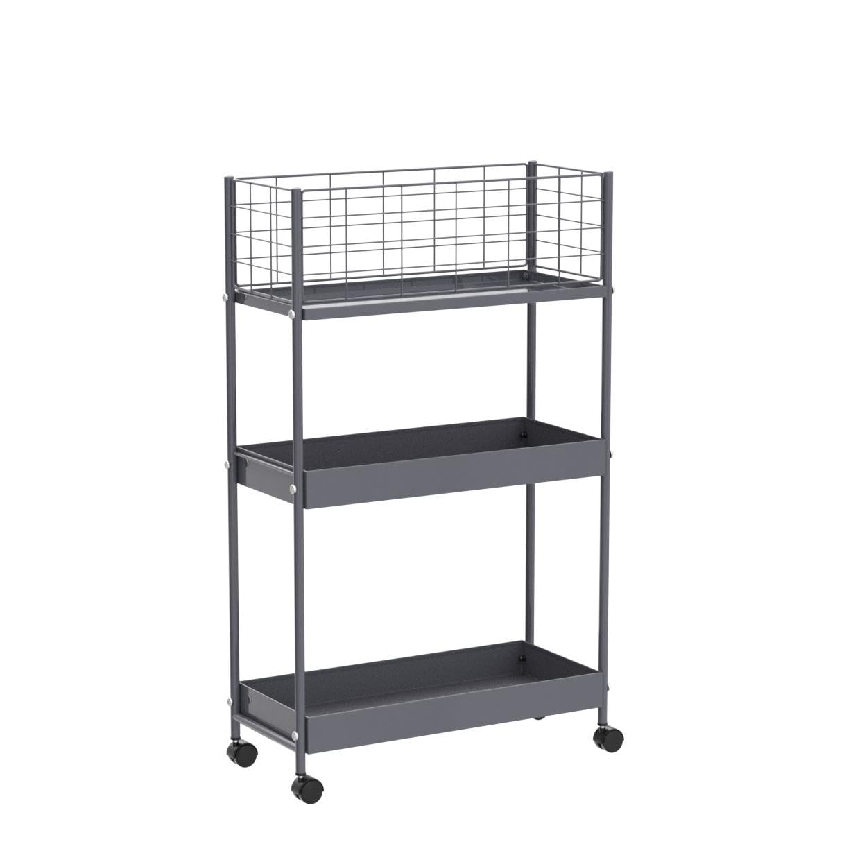 KINGRACK Slim Storage Rolling Cart, 3-Tier Metal Utility Cart with Wheels, Rolling Storage Cart, Skinny Storage Rolling Cart, Storage Trolley Cart for Office Kitchen Bathroom Narrow Place, Grey