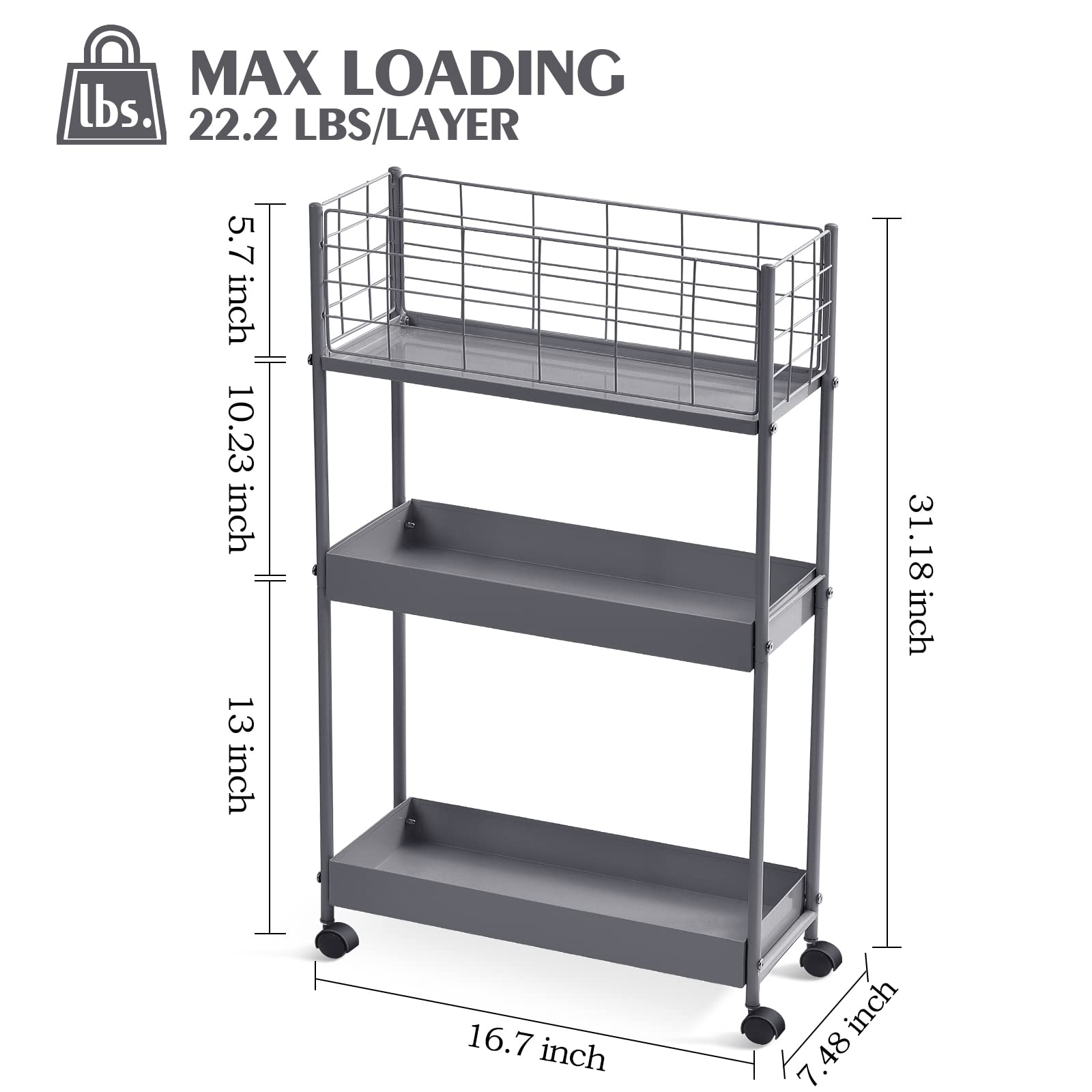 KINGRACK Slim Storage Rolling Cart, 3-Tier Metal Utility Cart with Wheels, Rolling Storage Cart, Skinny Storage Rolling Cart, Storage Trolley Cart for Office Kitchen Bathroom Narrow Place, Grey