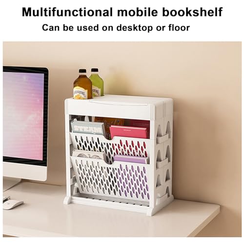 PINNKL Mobile Bookshelf on Wheels, 5 Tier Multi-Functional Movable Storage Book Shelves Rolling Utility Cart with Lockable Casters for Kids, Students, Teachers and Adult