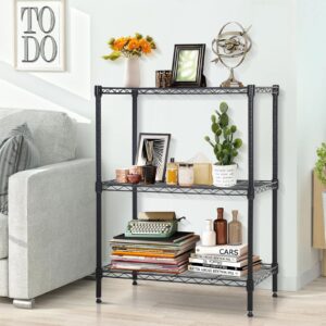 3 tier steel wire shelving,adjustable utility metal shelves for storage,storage shelves heavy duty with leveling feet for kitchen,garage,pantry,clothset,100ps per shelf，black,(23 x 13.2 x 30.2 inches)