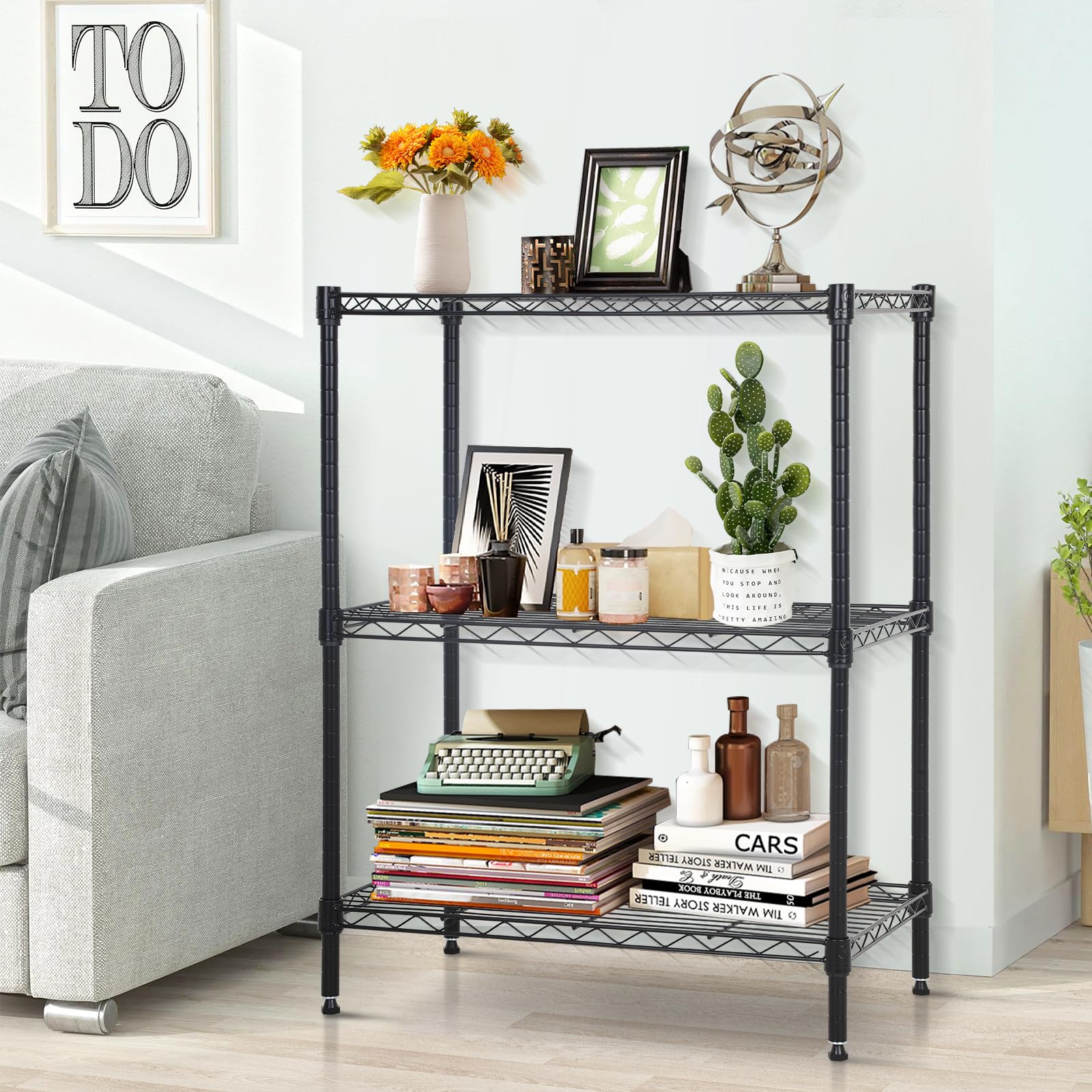 3 Tier Steel Wire Shelving,Adjustable Utility Metal Shelves for Storage,Storage Shelves Heavy Duty with Leveling Feet for Kitchen,Garage,Pantry,Clothset,100ps Per Shelf，Black,(23 x 13.2 x 30.2 inches)