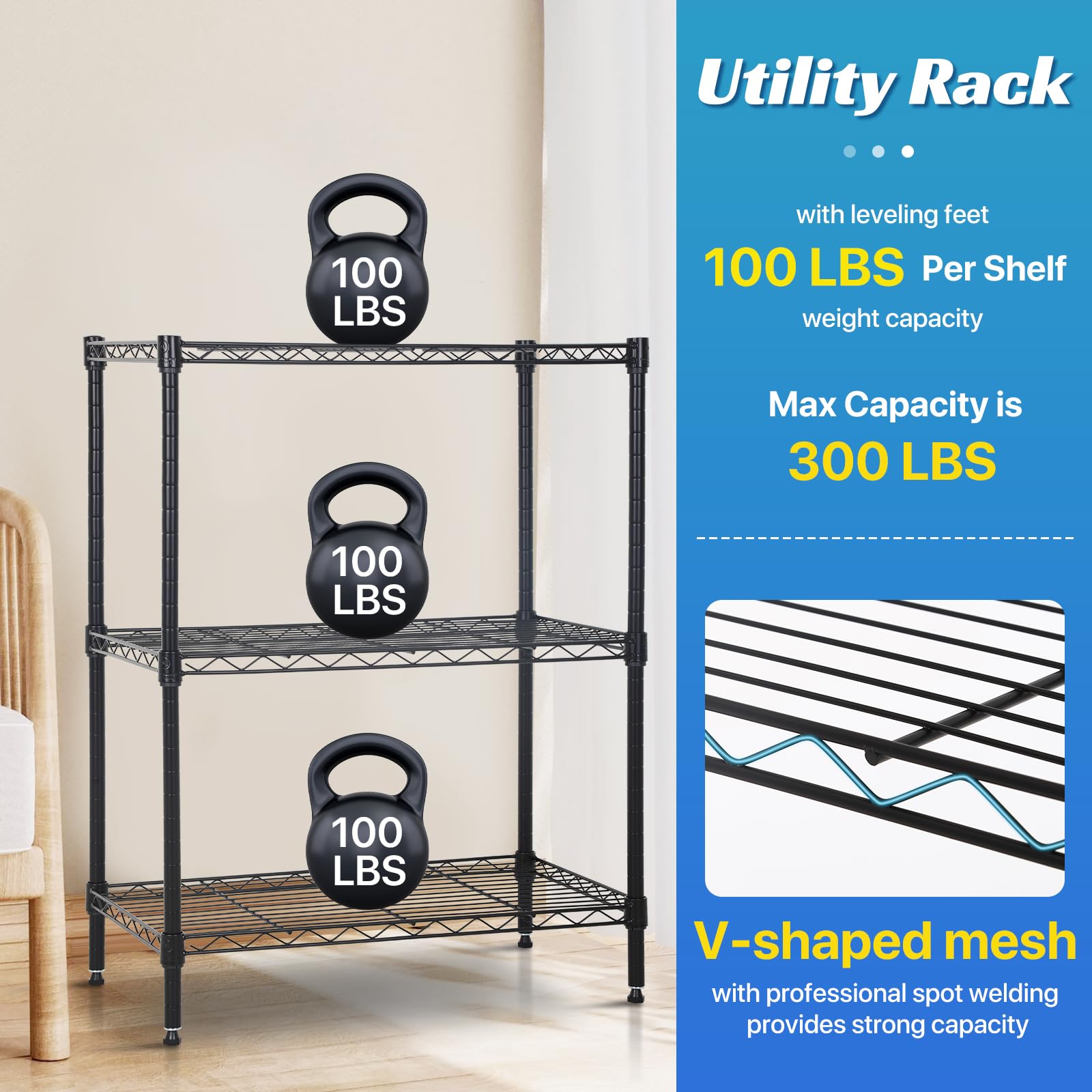 3 Tier Steel Wire Shelving,Adjustable Utility Metal Shelves for Storage,Storage Shelves Heavy Duty with Leveling Feet for Kitchen,Garage,Pantry,Clothset,100ps Per Shelf，Black,(23 x 13.2 x 30.2 inches)