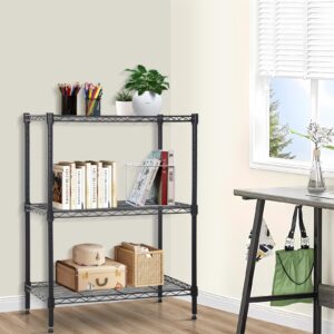 3 Tier Steel Wire Shelving,Adjustable Utility Metal Shelves for Storage,Storage Shelves Heavy Duty with Leveling Feet for Kitchen,Garage,Pantry,Clothset,100ps Per Shelf，Black,(23 x 13.2 x 30.2 inches)