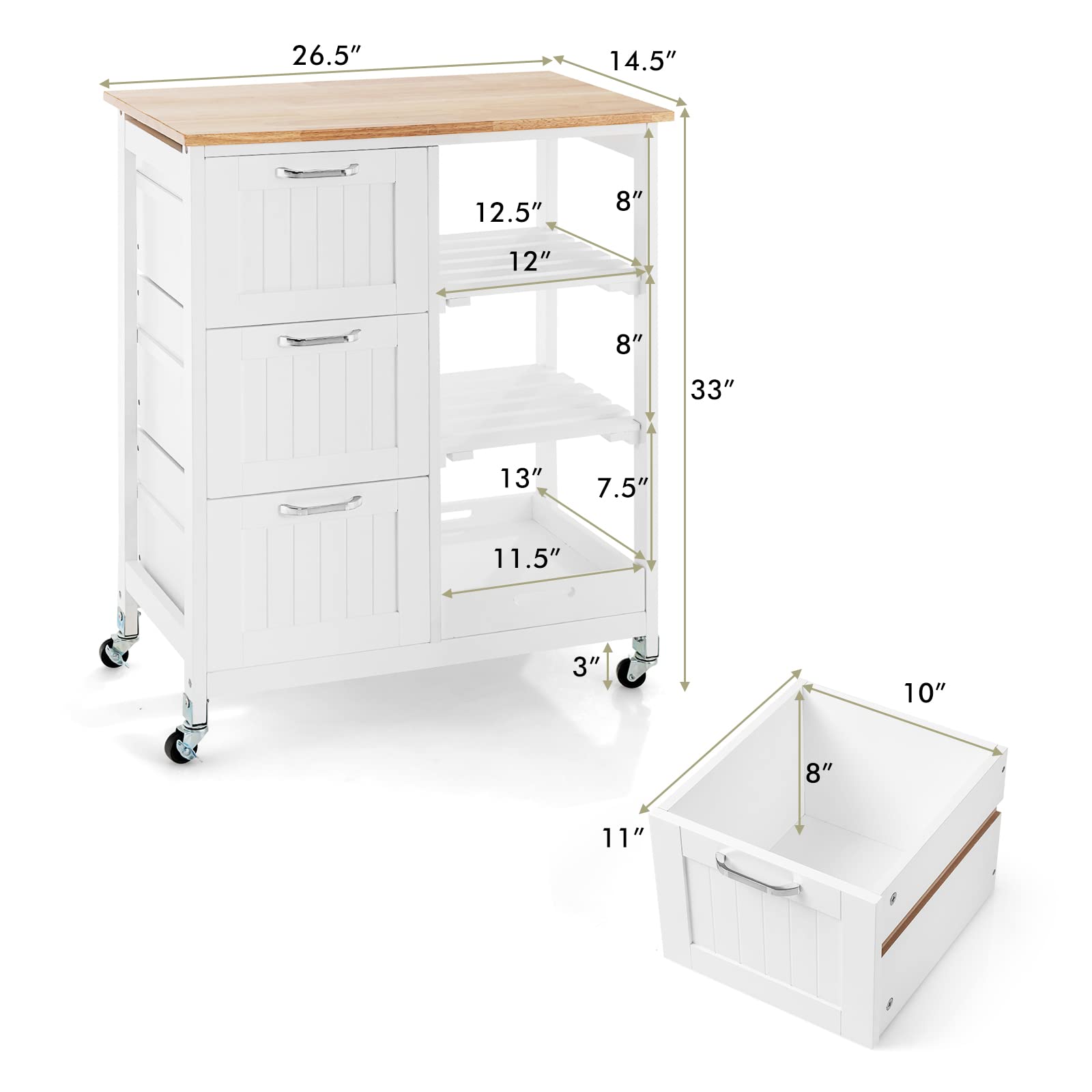 MEDIMALL Rolling Kitchen Island Cart with Storage, Utility Cart on Steel Lockable Casters, Mobile Serving Cart with Drawers, Shelves & Removable Tray, Island Table for Dining Room & Living Room, White