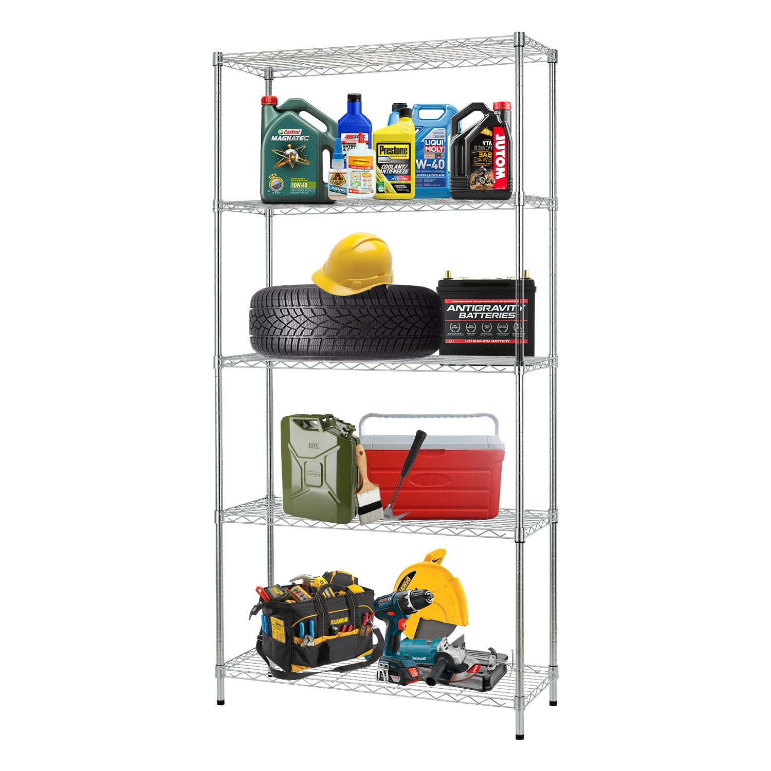 Dopinmin 5-Tire Wire Shelving Unit Household Commercial Metal Shelf NSF Heavy Duty Adjustable Utility Rolling Steel Garage Storage Shelves Metal Shelving，Chrome