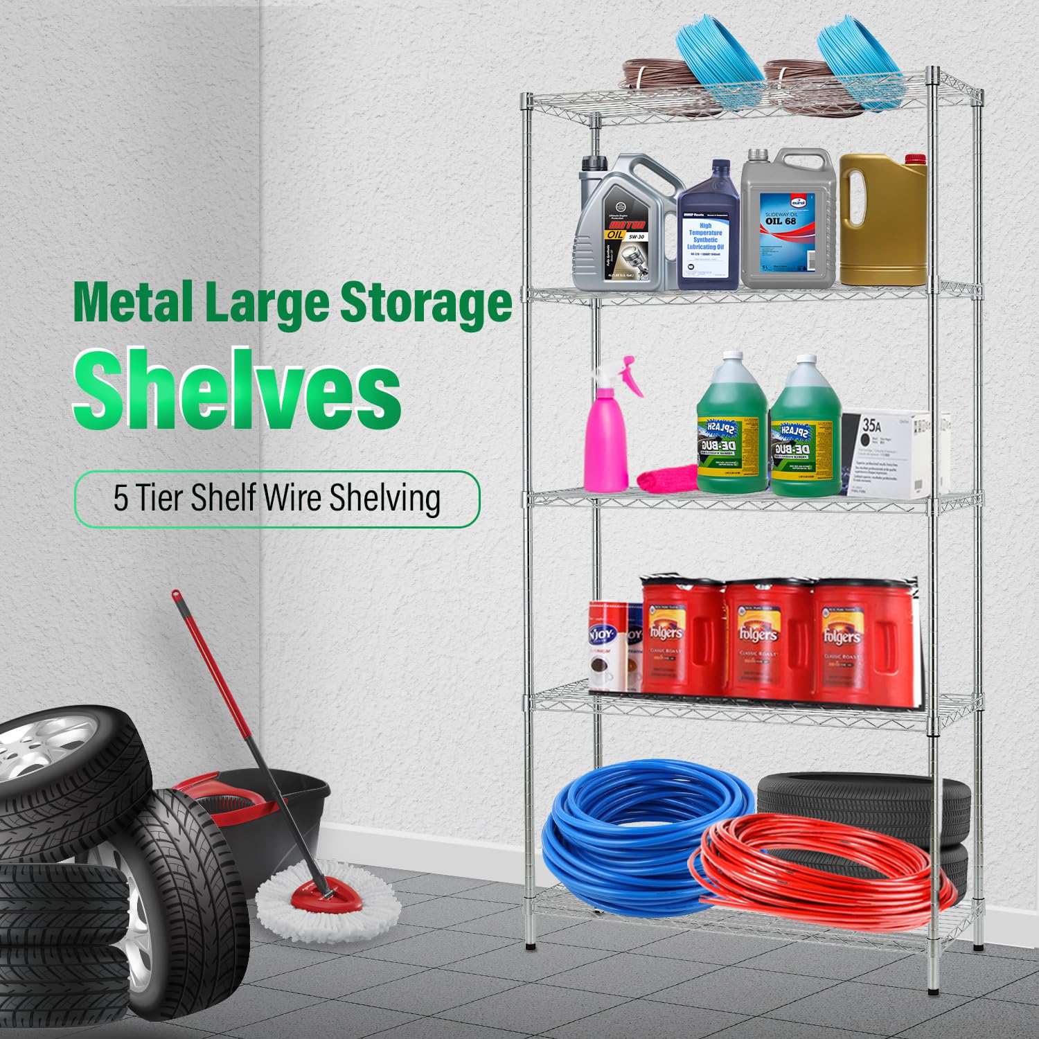 Dopinmin 5-Tire Wire Shelving Unit Household Commercial Metal Shelf NSF Heavy Duty Adjustable Utility Rolling Steel Garage Storage Shelves Metal Shelving，Chrome