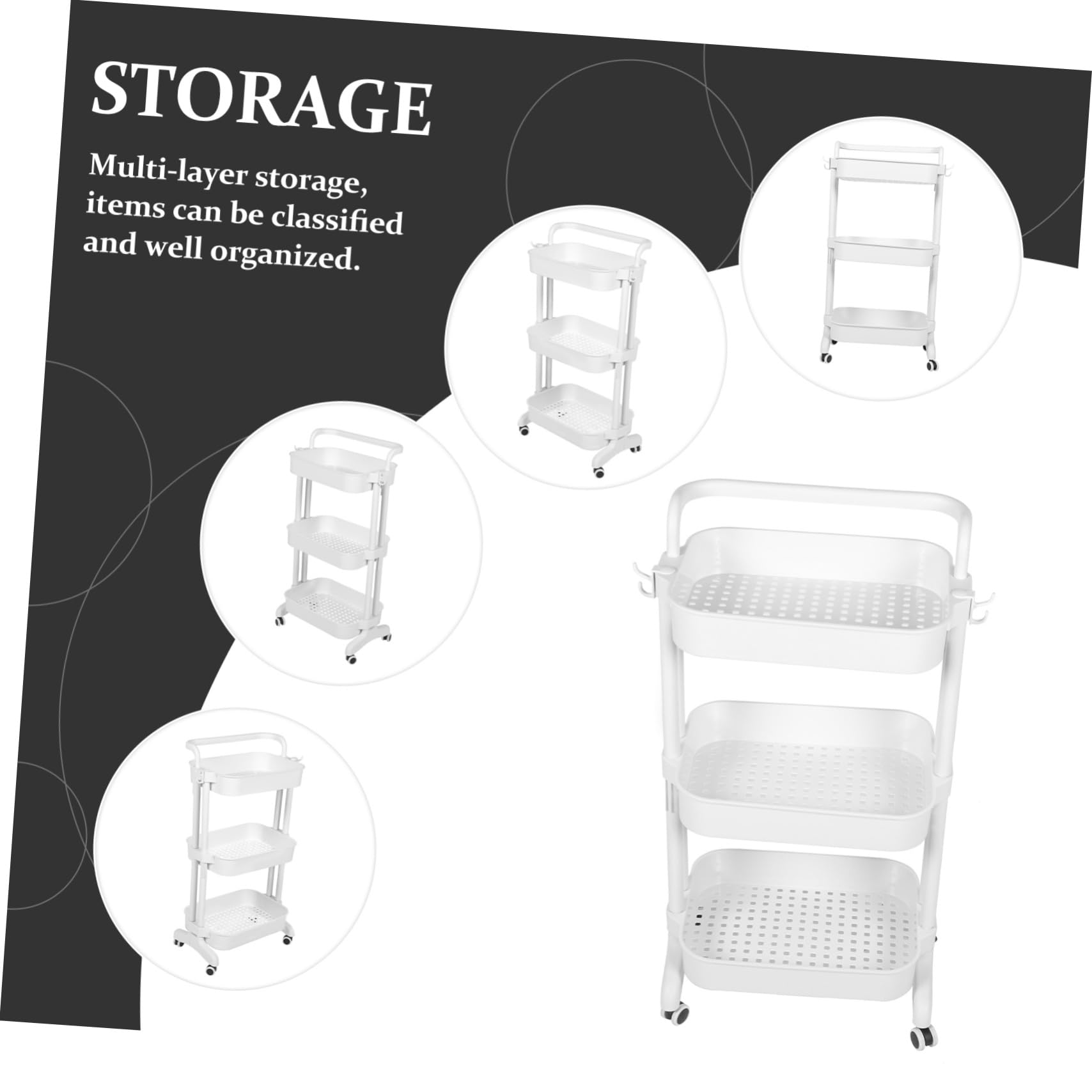 Cabilock 1pc Trolley Rack Rolling Cart Trolley Organizer Trolley Cart with Handle Mental Utility Cart 4 Shelf Tray Cart Home Organizer Household Trolley White Storage Abs Wheel