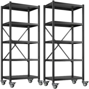 REIBII 5-Tier Storage Shelves for Storage Heavy Duty Shelving Unit with Wheels Metal Shelving Adjustable Storage Shelf Load 1160 LBS Pantry Basement Kitchen Bathroom 2PC,23.6" W * 15.7" D * 65.4" H