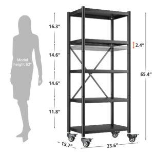 REIBII 5-Tier Storage Shelves for Storage Heavy Duty Shelving Unit with Wheels Metal Shelving Adjustable Storage Shelf Load 1160 LBS Pantry Basement Kitchen Bathroom 2PC,23.6" W * 15.7" D * 65.4" H