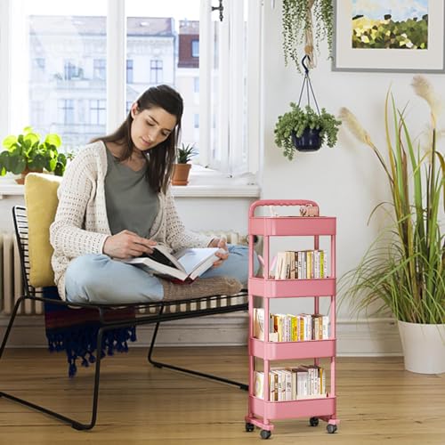 Movable Bookshelf Cart, Movable Storage Book Shelves, Movable Book Rack, Compact Bookshelf on Wheels, Reusable Rolling Storage Cart Movable Bookshelf for Kitchen, Bedroom, Living Room & Laundry Room