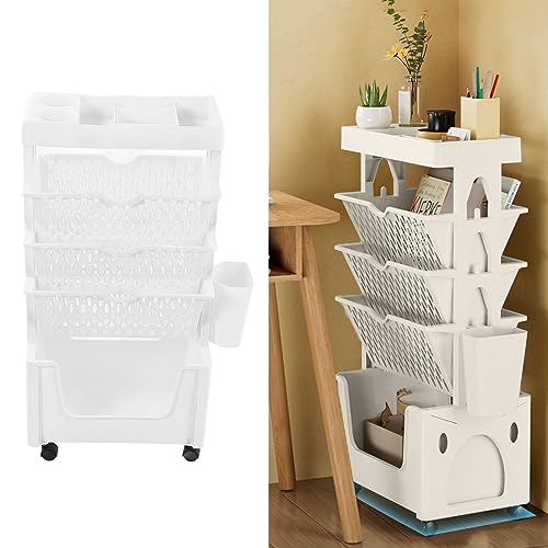 DULRLLY 5 Layer Rolling Book Cart for Teachers Movable Rolling Utility Storage Cart with Wheels Small Book Rack Storage Bookshelf Mobile Book Shelf Bookcase Organizer for Office Classroom(White)