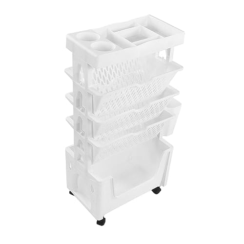 DULRLLY 5 Layer Rolling Book Cart for Teachers Movable Rolling Utility Storage Cart with Wheels Small Book Rack Storage Bookshelf Mobile Book Shelf Bookcase Organizer for Office Classroom(White)