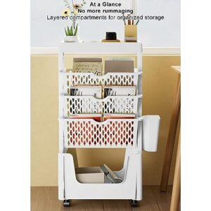 DULRLLY 5 Layer Rolling Book Cart for Teachers Movable Rolling Utility Storage Cart with Wheels Small Book Rack Storage Bookshelf Mobile Book Shelf Bookcase Organizer for Office Classroom(White)