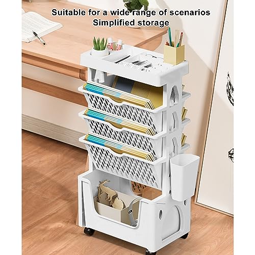 DULRLLY 5 Layer Rolling Book Cart for Teachers Movable Rolling Utility Storage Cart with Wheels Small Book Rack Storage Bookshelf Mobile Book Shelf Bookcase Organizer for Office Classroom(White)