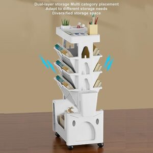 DULRLLY 5 Layer Rolling Book Cart for Teachers Movable Rolling Utility Storage Cart with Wheels Small Book Rack Storage Bookshelf Mobile Book Shelf Bookcase Organizer for Office Classroom(White)