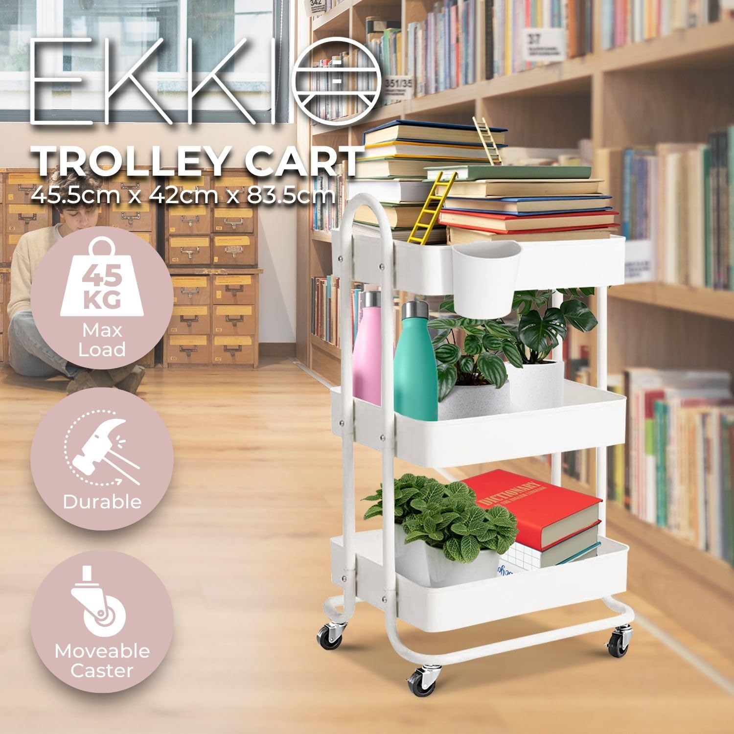 EKKIO Rolling Cart, 3 Tier Rolling Cart, Storage Cart, Rolling Carts with Wheels, Book Cart, Craft Cart, Lash Cart, Rolling Storage Cart Organizer, Nail Cart, Baby Cart, Bathroom Cart, Diaper Cart