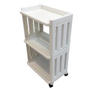 Storage Trolley Slide Out Rolling Cart Utility Slim Organizer Shelf on Wheels 3 Tier Narrow Places Mobile Shelving Unit Tower Rack for Kitchen Bathroom Laundry Room Office Living Room Bedroom, White