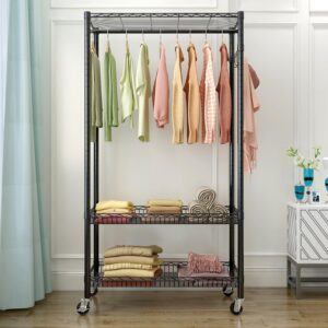 Heavy Duty Rolling Rack，Closet Organizer Metal Garment Rack Portable Clothes Hanger Home Shelf，Freestanding Closet Wardrobe (35.43x 17.72 x 72.83)