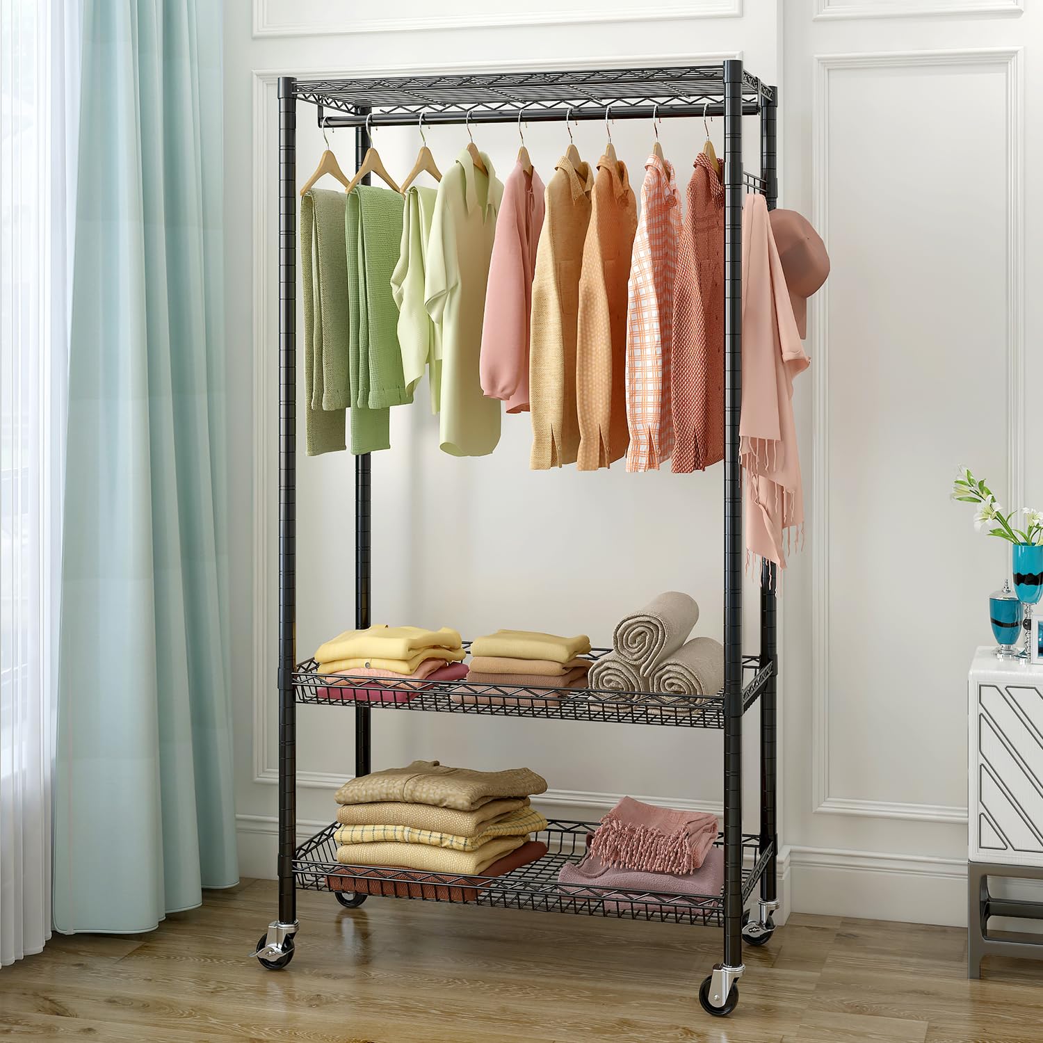 Heavy Duty Rolling Rack，Closet Organizer Metal Garment Rack Portable Clothes Hanger Home Shelf，Freestanding Closet Wardrobe (35.43x 17.72 x 72.83)