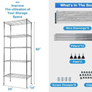 5-Tier Metal Wire Shelving Unit Tall Shelf Storage Rack NSF Certified Storage Shelves 500 Lbs Capacity Standing Utility Shelf for Laundry Kitchen Pantry Garage Organization Snack Shelf