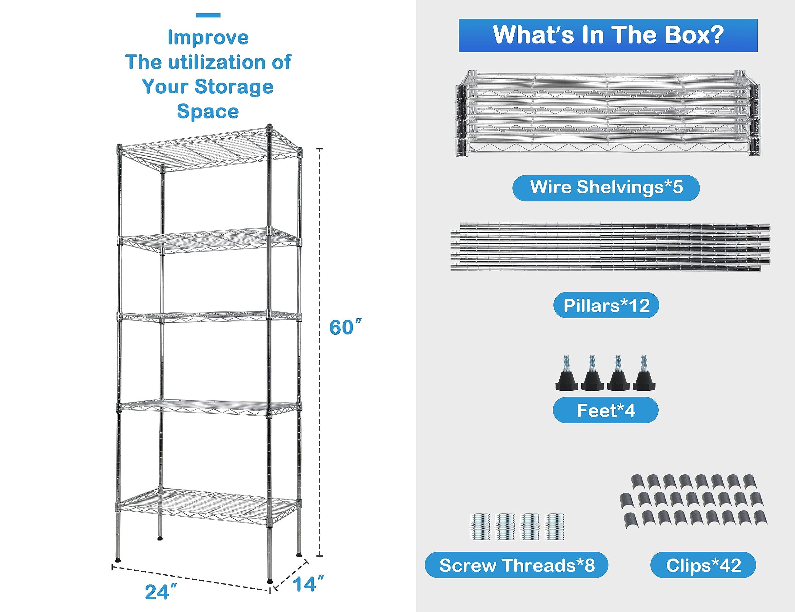 5-Tier Metal Wire Shelving Unit Tall Shelf Storage Rack NSF Certified Storage Shelves 500 Lbs Capacity Standing Utility Shelf for Laundry Kitchen Pantry Garage Organization Snack Shelf