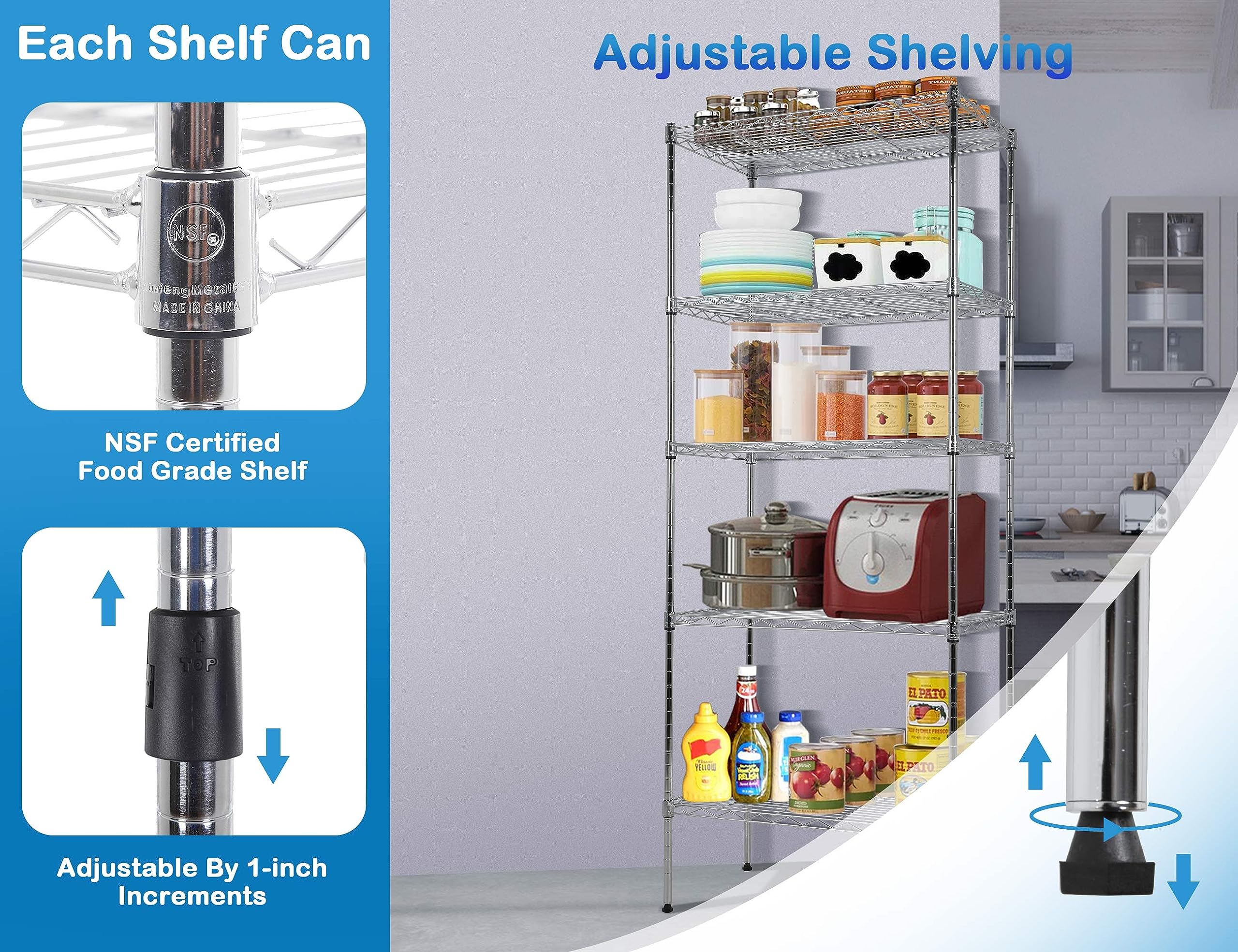 5-Tier Metal Wire Shelving Unit Tall Shelf Storage Rack NSF Certified Storage Shelves 500 Lbs Capacity Standing Utility Shelf for Laundry Kitchen Pantry Garage Organization Snack Shelf