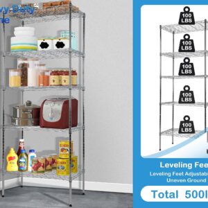 5-Tier Metal Wire Shelving Unit Tall Shelf Storage Rack NSF Certified Storage Shelves 500 Lbs Capacity Standing Utility Shelf for Laundry Kitchen Pantry Garage Organization Snack Shelf