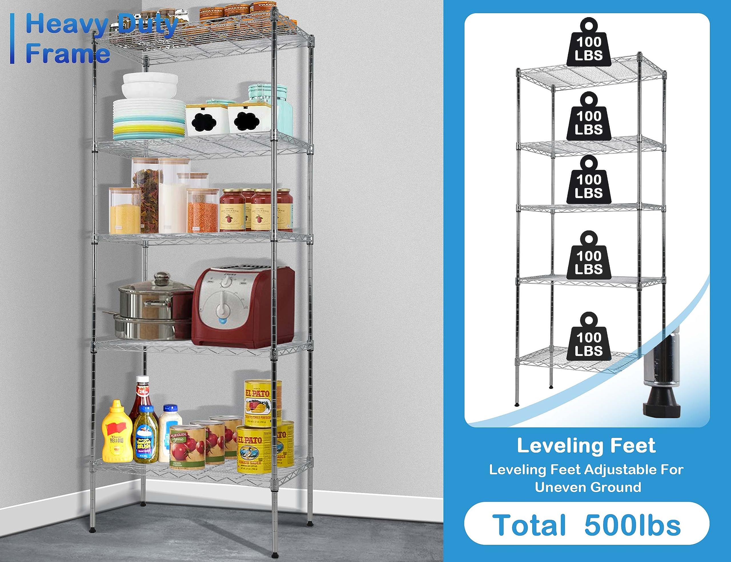 5-Tier Metal Wire Shelving Unit Tall Shelf Storage Rack NSF Certified Storage Shelves 500 Lbs Capacity Standing Utility Shelf for Laundry Kitchen Pantry Garage Organization Snack Shelf