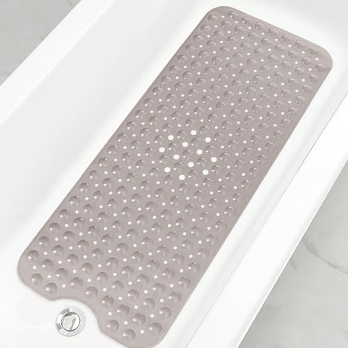 Linoows Bathtub and Shower Mats, Extra Long Non-Slip Bath Mat 39 x 16 Inch, Machine Washable Bath Tub Mat with Suction Cups & Drain Holes for Bathroom, Tan