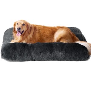 EHEYCIGA Fluffy Dog Crate Pad, Plush Faux Fur Dog Bed for Extra Large Dogs, Calming Anti Anxiety XL Dog Bed for Crate, Washable Soft Warm Dog Crate Mat with Non-Slip Bottom, Dark Grey