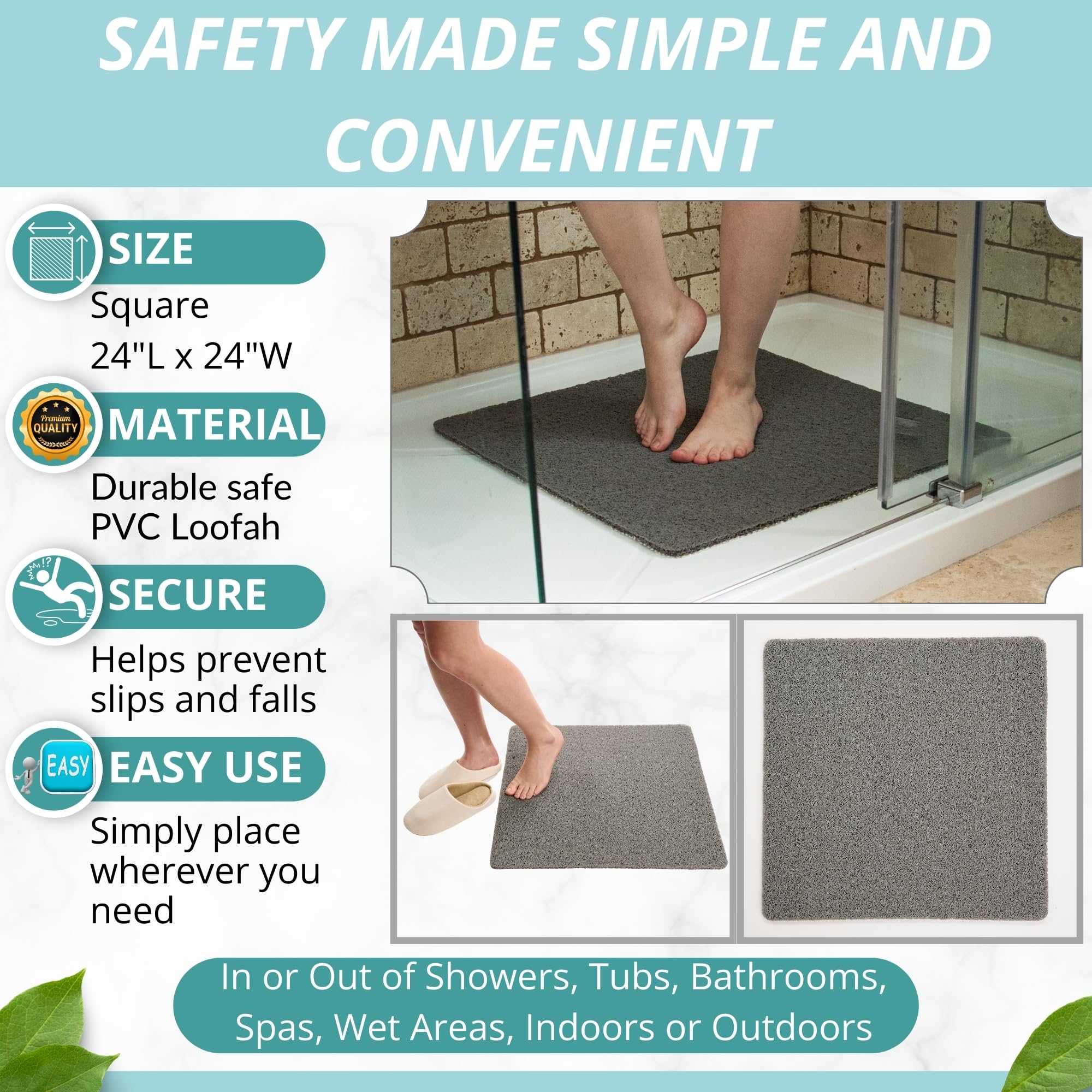 ENKOSI Square Shower Mat Non Slip - Loofah Shower Mats for Showers Anti Slip - Bathroom Shower Mat - Non Slip Shower Mats - Non Slip Shower Mat for Elderly - Shower Mat Square (Gray 24x24)