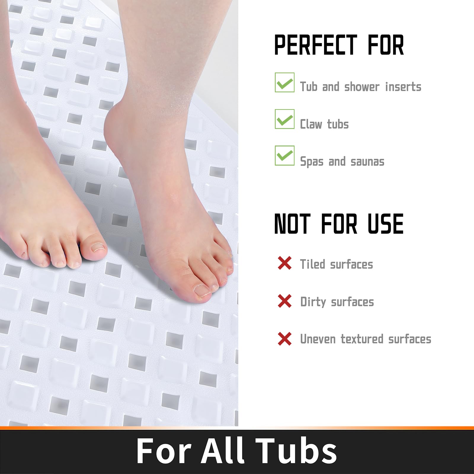 Yimobra Original Non Slip Bathtub Mats, Shower Bath Mat for Tub with Suction Cups and Drain Holes, Machine Washable, BPA, Latex, Phthalate Free, 34.5 x 15.5 Inches, White