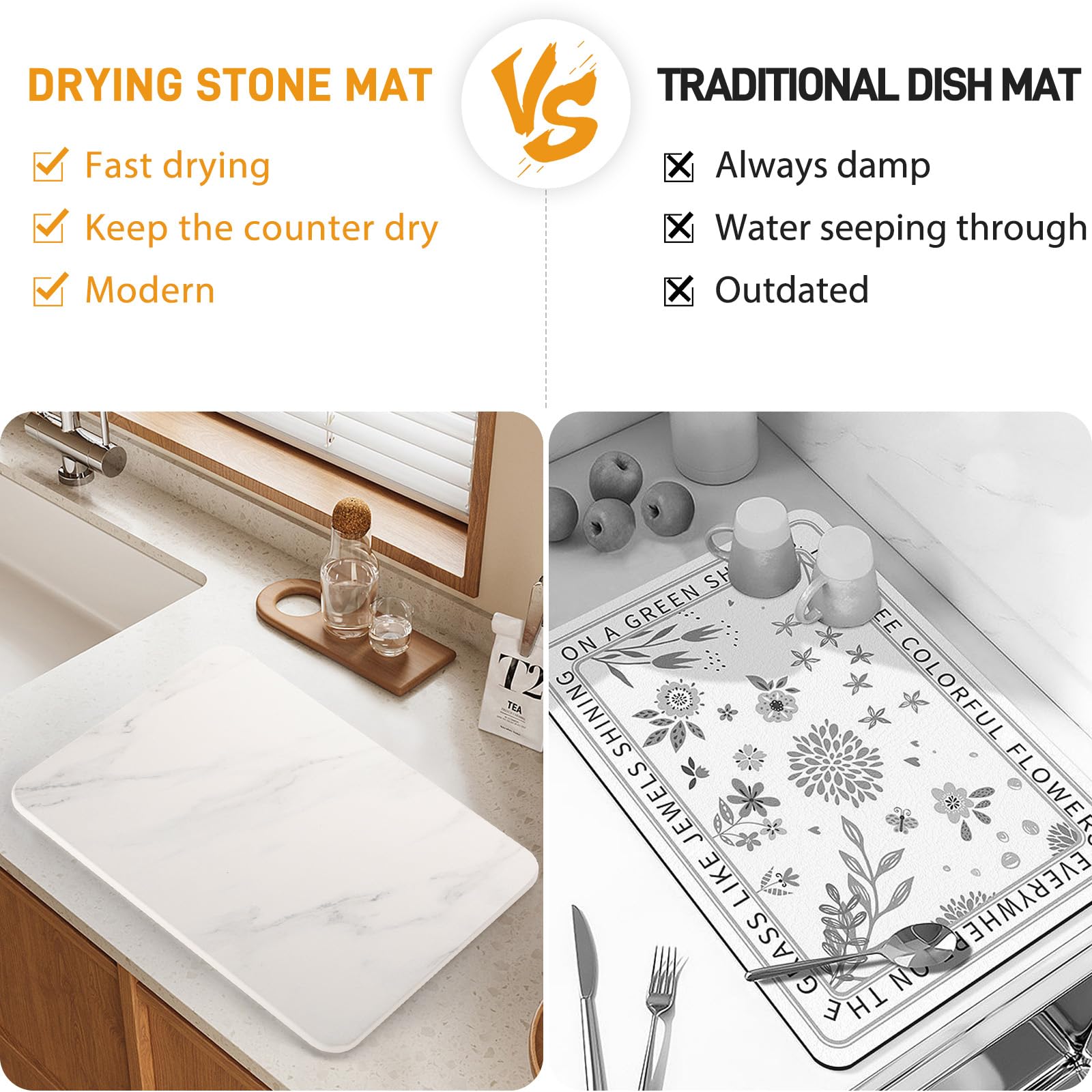 Stone Dish Drying Mat for Kitchen Counter, Quick Drying Diatomaceous Earth Stone Mat, Super Absorbent Marble Dish Drying Pad, Heat Resistant Non-Slip Rack Tableware Mat(16x12 inch)