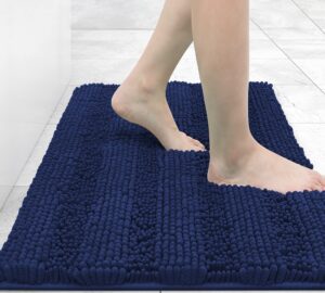 grandaily chenille striped bathroom rugs 30x20, extra thick and absorbent bath rugs, non-slip soft plush shaggy bath carpet, machine wash dry, bath mats for bathroom, navy