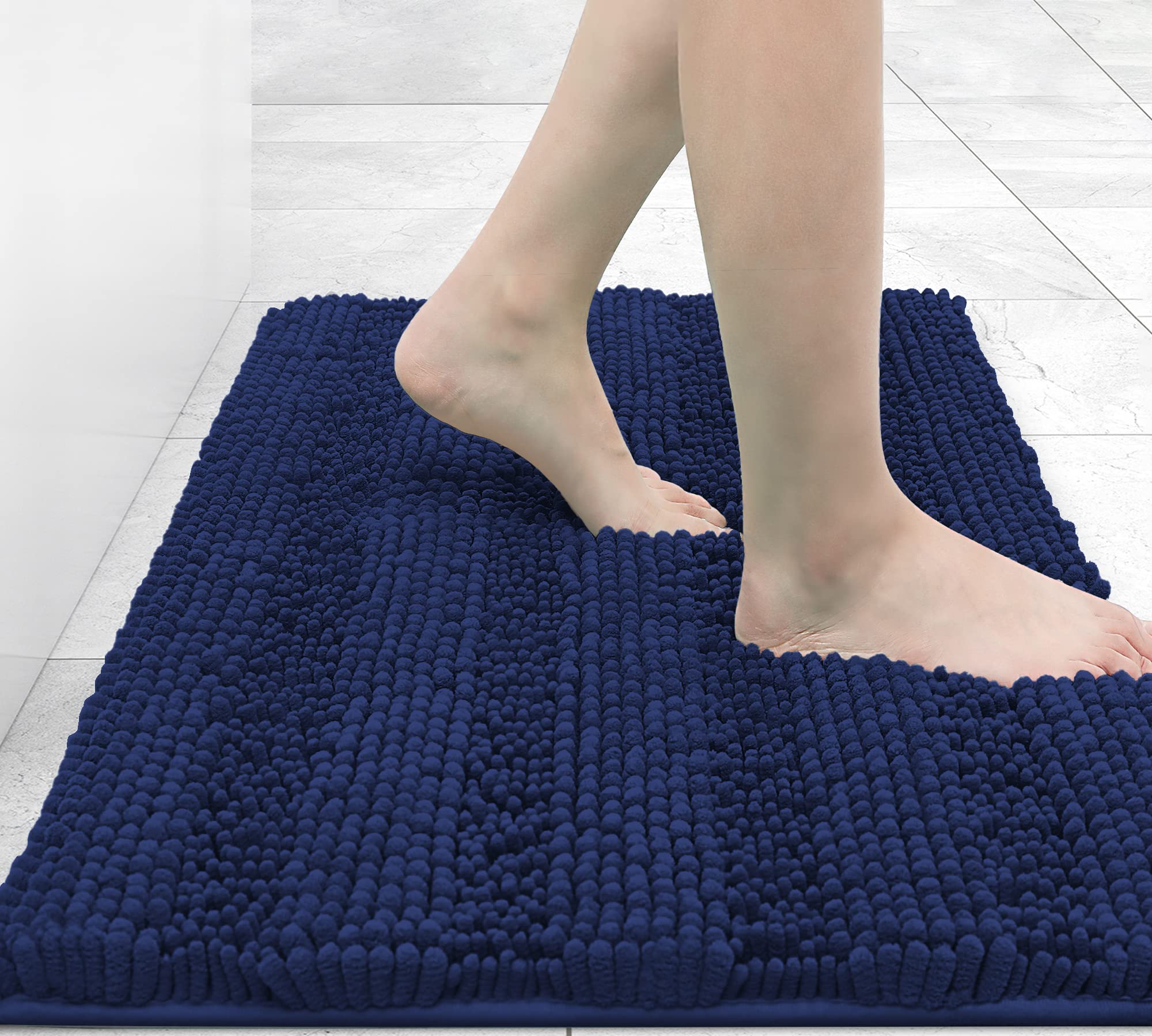 Grandaily Chenille Striped Bathroom Rugs 30x20, Extra Thick and Absorbent Bath Rugs, Non-Slip Soft Plush Shaggy Bath Carpet, Machine Wash Dry, Bath Mats for Bathroom, Navy