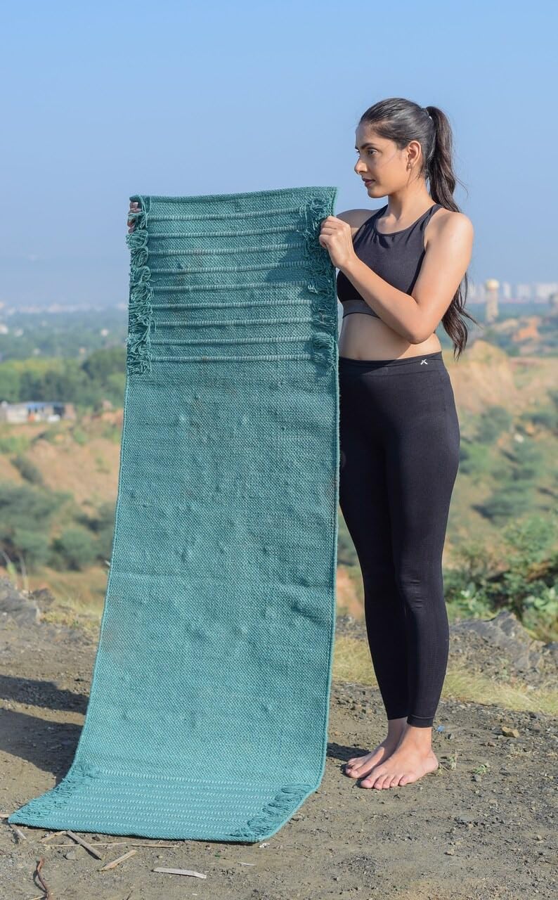 Jaipur art & Rugs Organic Cotton Yoga Mat - Eco-Friendly Hand-Woven Rug - Non Slip & Thick (24”x72”x5mm) for Everyday Fitness at Home - Comfortable Extra-Long (Dark Green)