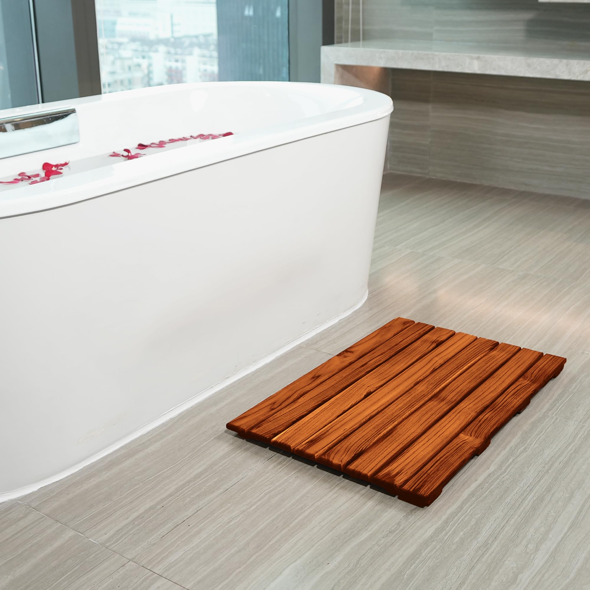 VaeFae Teak Shower Mat, Non-Slip Bath Mat, Luxury Spa Mat, Wooden Mat for Bathtub (Large)