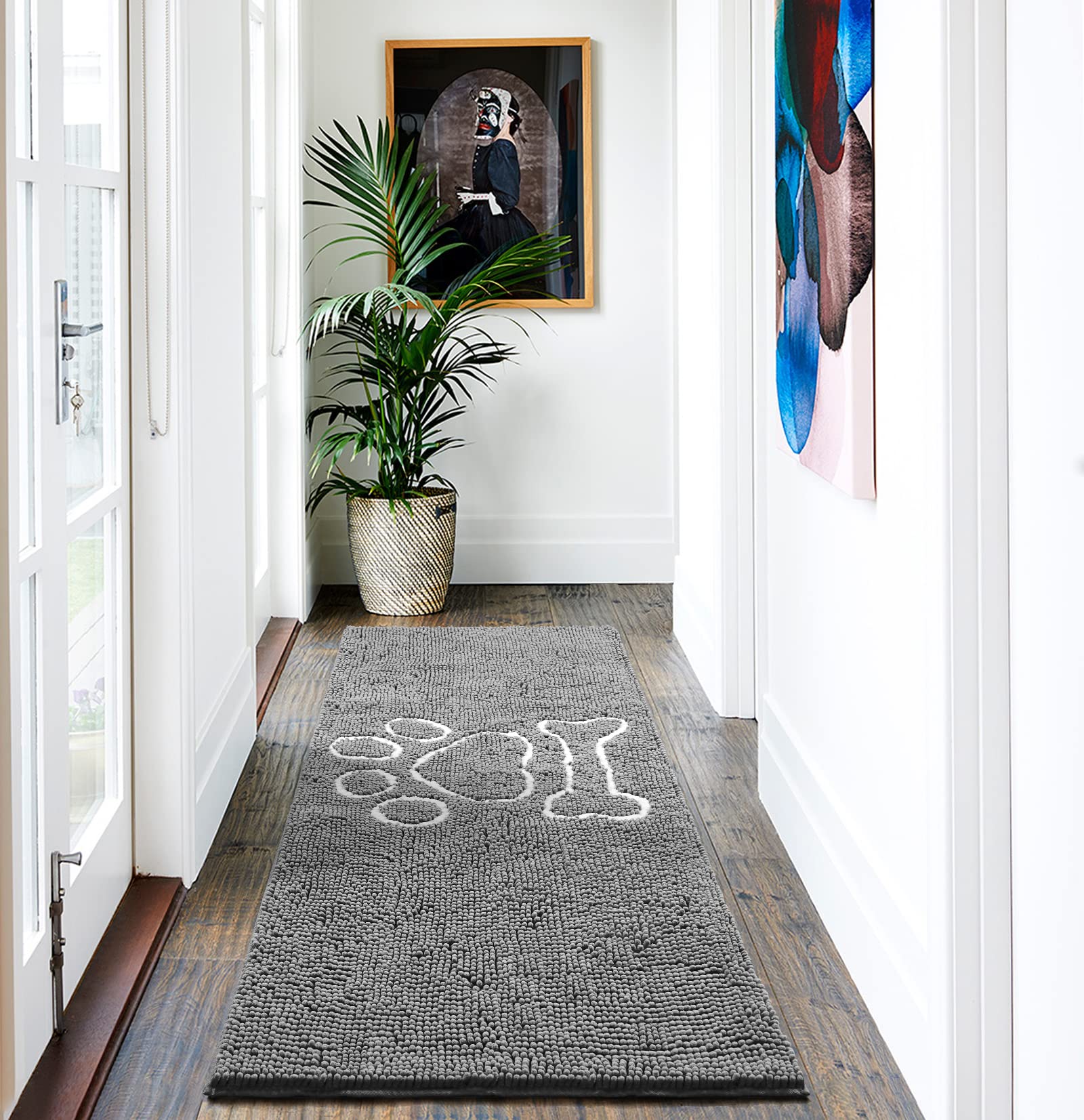 AROGAN Indoor Doormat, Front Door Mat 60"x24" Absorbent Rubber Backing Non Slip Door Mats, Machine Washable Chenille Door Mat for Muddy Shoes and Dog Paws Low Profile Rugs for Entryway, Grey