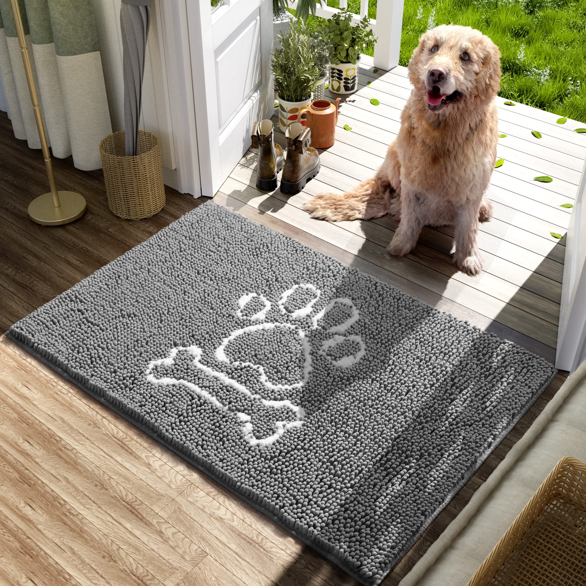 AROGAN Indoor Doormat, Front Door Mat 60"x24" Absorbent Rubber Backing Non Slip Door Mats, Machine Washable Chenille Door Mat for Muddy Shoes and Dog Paws Low Profile Rugs for Entryway, Grey