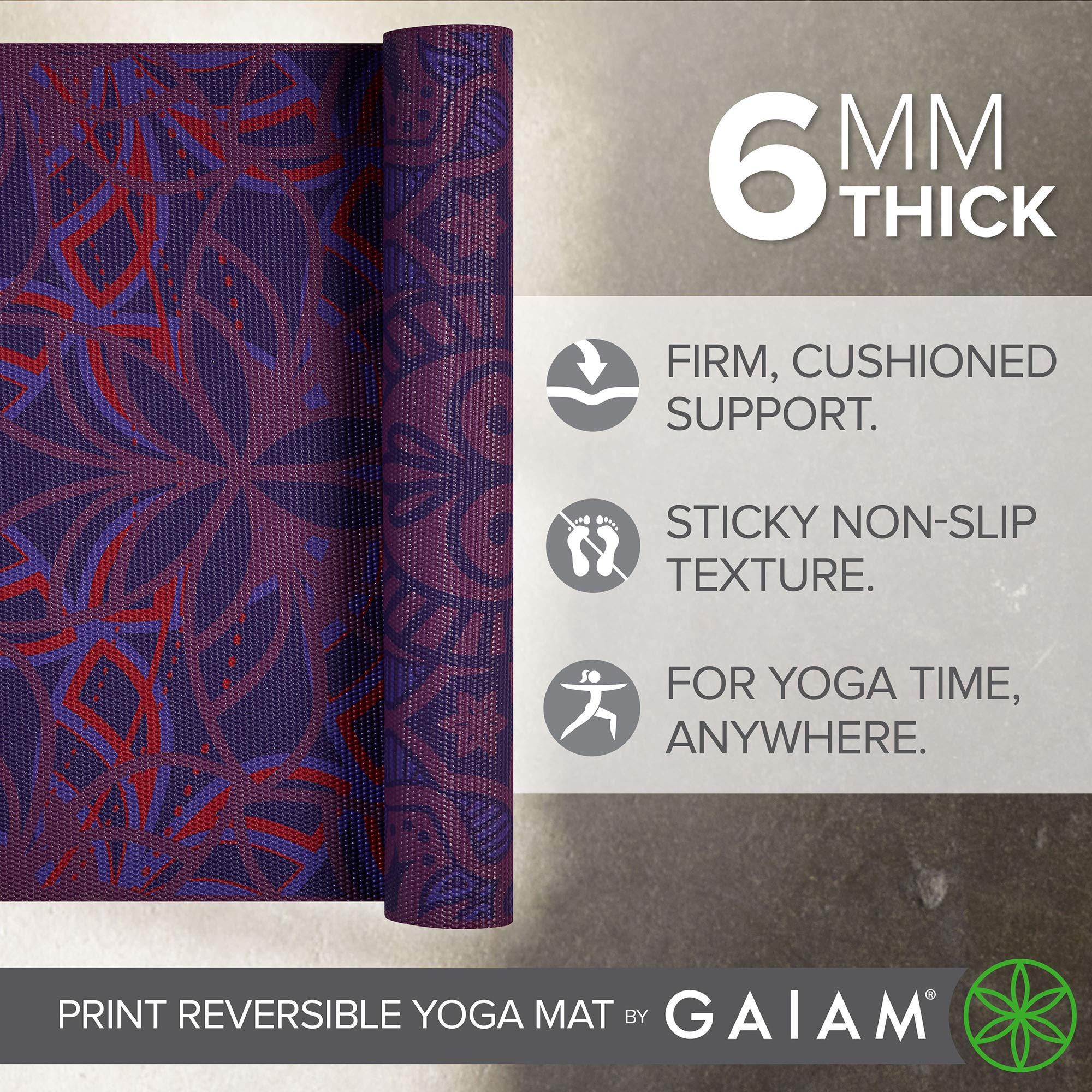 Gaiam Yoga Mat Premium Print Reversible Extra Thick Non Slip Exercise & Fitness Mat for All Types of Yoga, Pilates & Floor Workouts, Divinity, 68"L x 24"W x 6mm Thick