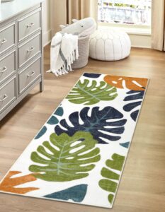 lukinbox leaf bathroom runner rugs, 2x5 cute long non-slip washable bath mats for bathroom, blue green velvet bathroom mats soft plant bath rug for hallway kitchen laundry room entryway decor