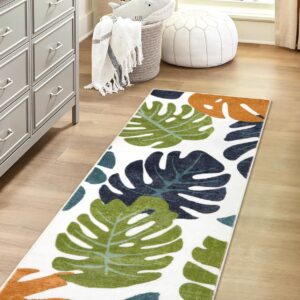 Lukinbox Leaf Bathroom Runner Rugs, 2x5 Cute Long Non-slip Washable Bath Mats for Bathroom, Blue Green Velvet Bathroom Mats Soft Plant Bath Rug for Hallway Kitchen Laundry Room Entryway Decor