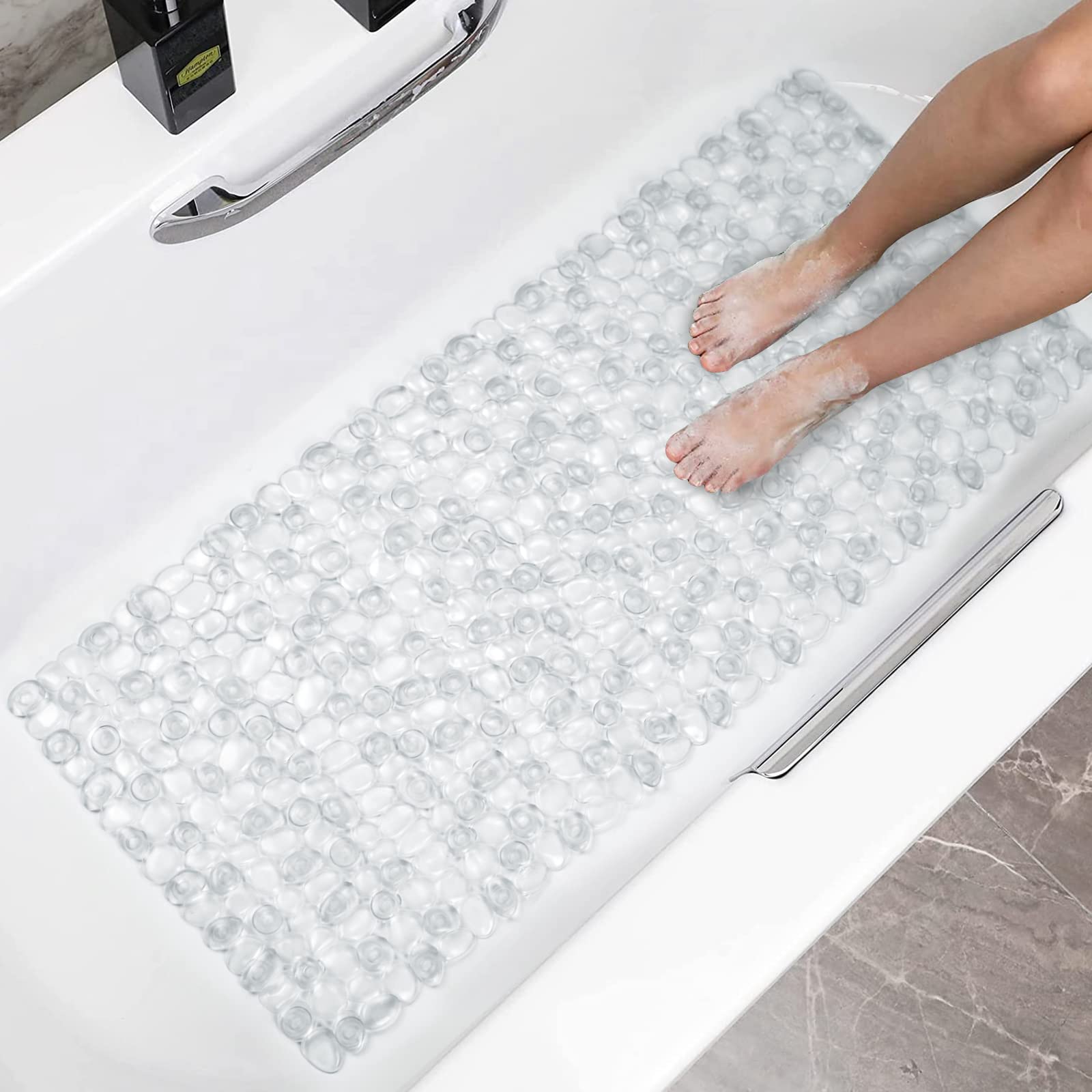 Pebble Shower Mat Non Slip, 35 X 15.7 Inch Bathtub Mat with Suction Cups, Drainage Holes for Shower, Tub, Bathroom, Machine Washable (Clear)