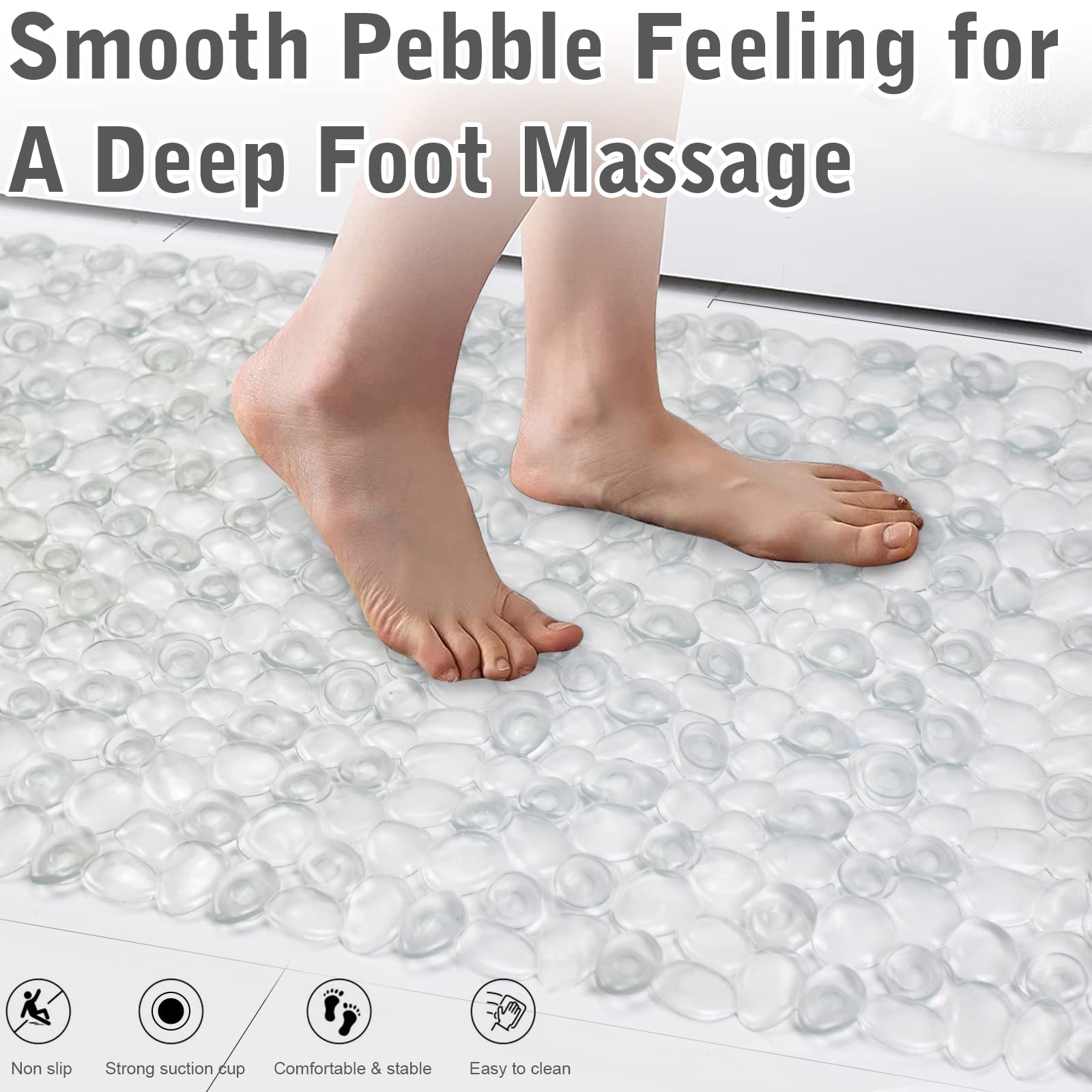 Pebble Shower Mat Non Slip, 35 X 15.7 Inch Bathtub Mat with Suction Cups, Drainage Holes for Shower, Tub, Bathroom, Machine Washable (Clear)