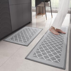 Color G Kitchen Rugs Mats Sets of 2, Non Skid Washable Kitchen Runner Rug for Floor, Front of Sink, Laundry Room, Non Slip Absorbent Rug and Mat Set, 17"x29"+17"x59", Grey