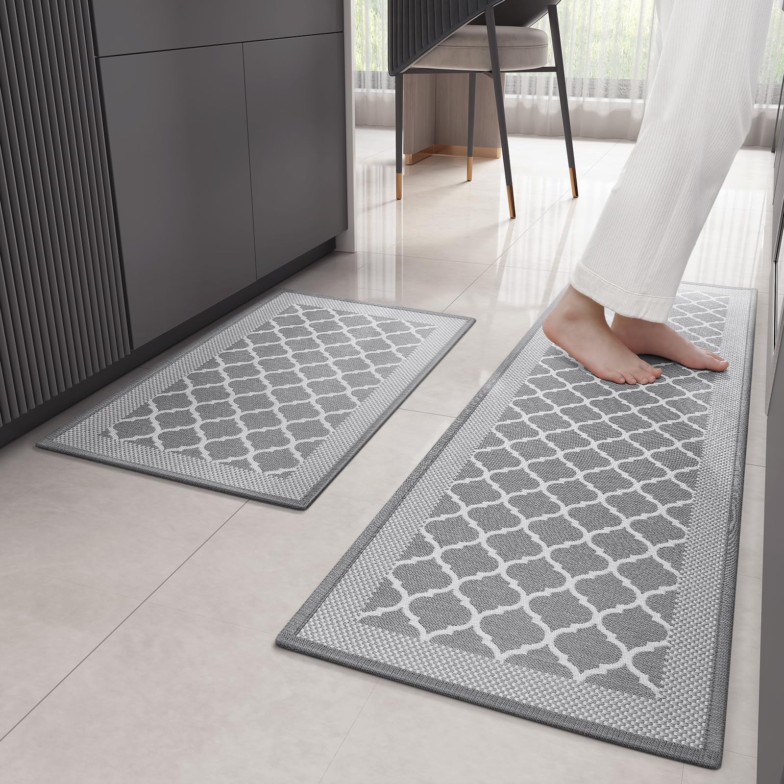 Color G Kitchen Rugs Mats Sets of 2, Non Skid Washable Kitchen Runner Rug for Floor, Front of Sink, Laundry Room, Non Slip Absorbent Rug and Mat Set, 17"x29"+17"x59", Grey