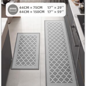 Color G Kitchen Rugs Mats Sets of 2, Non Skid Washable Kitchen Runner Rug for Floor, Front of Sink, Laundry Room, Non Slip Absorbent Rug and Mat Set, 17"x29"+17"x59", Grey