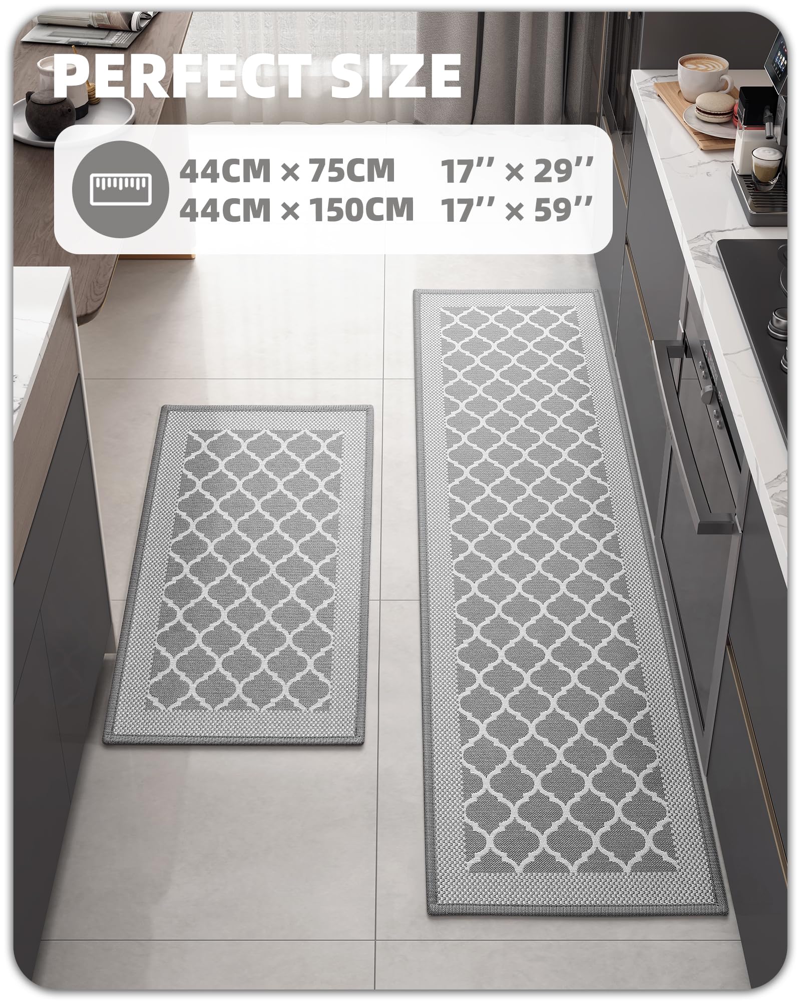 Color G Kitchen Rugs Mats Sets of 2, Non Skid Washable Kitchen Runner Rug for Floor, Front of Sink, Laundry Room, Non Slip Absorbent Rug and Mat Set, 17"x29"+17"x59", Grey