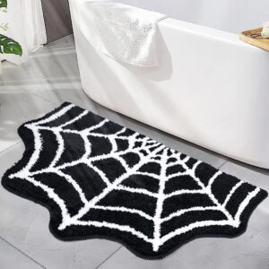 spider web bath mat, 31×20" halloween bath mat non-slip rugs spiderweb rug machine washable goth bath mat area rugs gothic rug for front door, bedroom, living home (black)